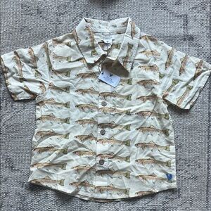 Blue Rooster Collection Fish Pattern Button Down Shirt - Cream and Green